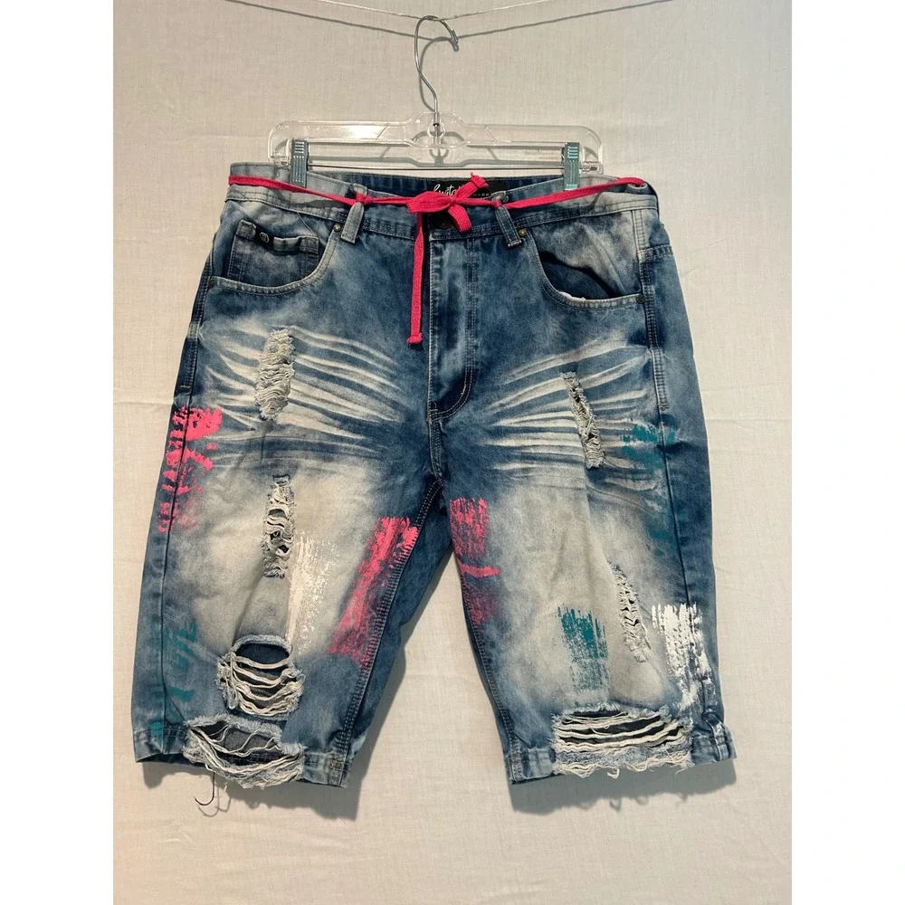 Switch Remarkable Mens 36 Distressed Denim Shorts Blue Paint Splatter Pink Cord